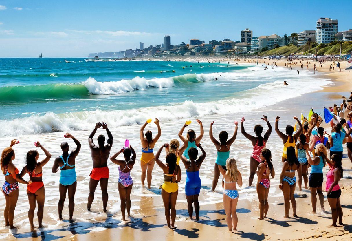 A vibrant beach scene with diverse groups of people wearing colorful bathing suits, actively participating in various community initiatives like beach clean-ups and charity events. Include lively waves crashing in the background, symbolizing change and unity. Bright sunlight enhances the cheerful atmosphere, while banners and signs promoting community efforts are dotted around. super-realistic. vibrant colors. white background.