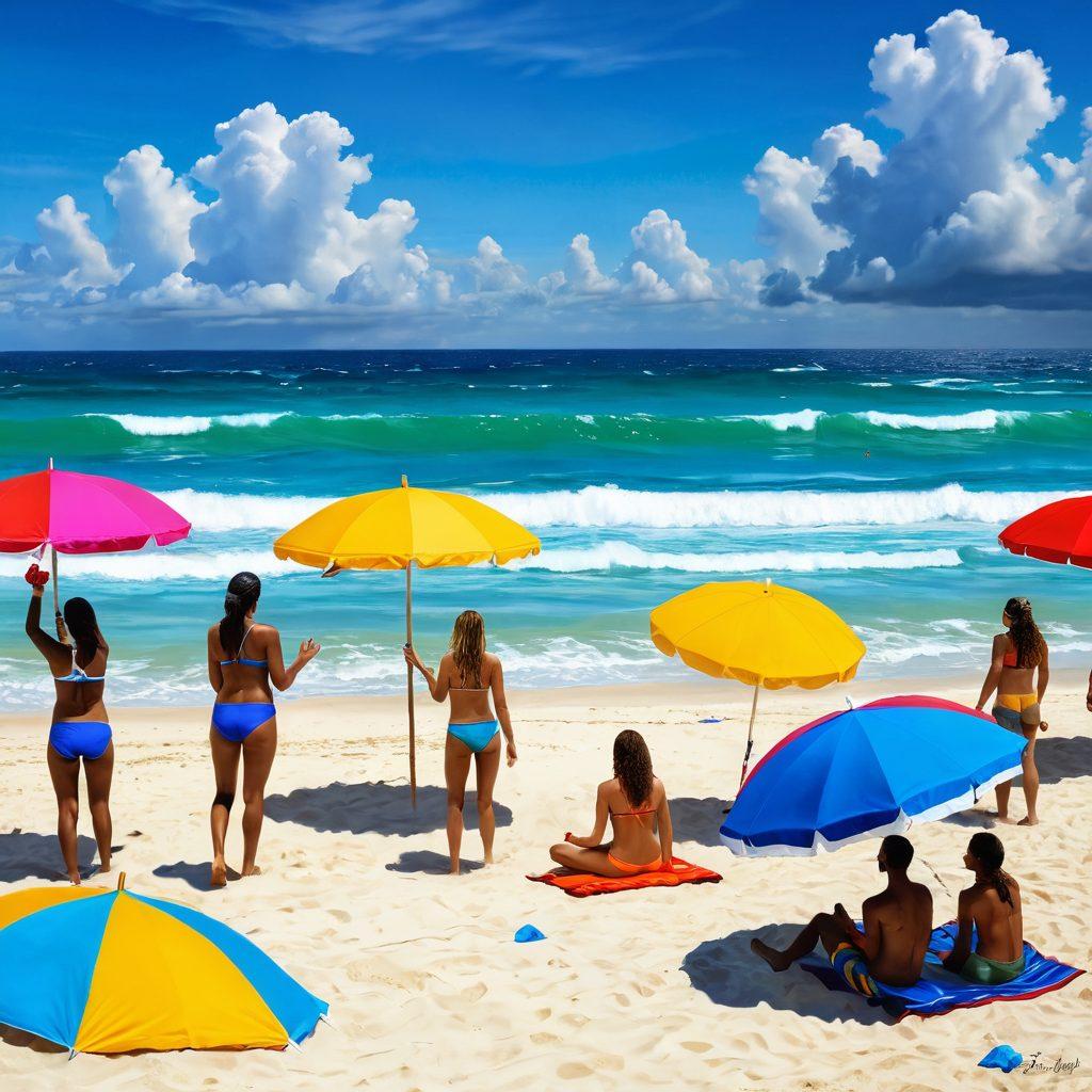 A serene beach scene transitioning from dark stormy clouds to bright sunny skies, with vibrant swimwear hanging on colorful beach umbrellas. Diverse people joyfully playing beach volleyball and laughing, surrounded by soft waves and splashes of ocean water, symbolizing the journey from sorrow to happiness. Emphasize the playful, uplifting atmosphere. super-realistic. vibrant colors. soothing blues and yellows.